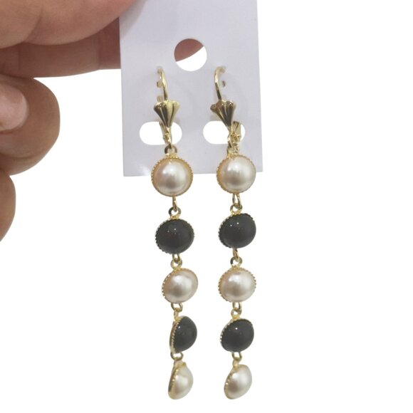 NEW Gold Filled Gold & Pearl Drop Earrings With Black Beads - Picture 4 of 9